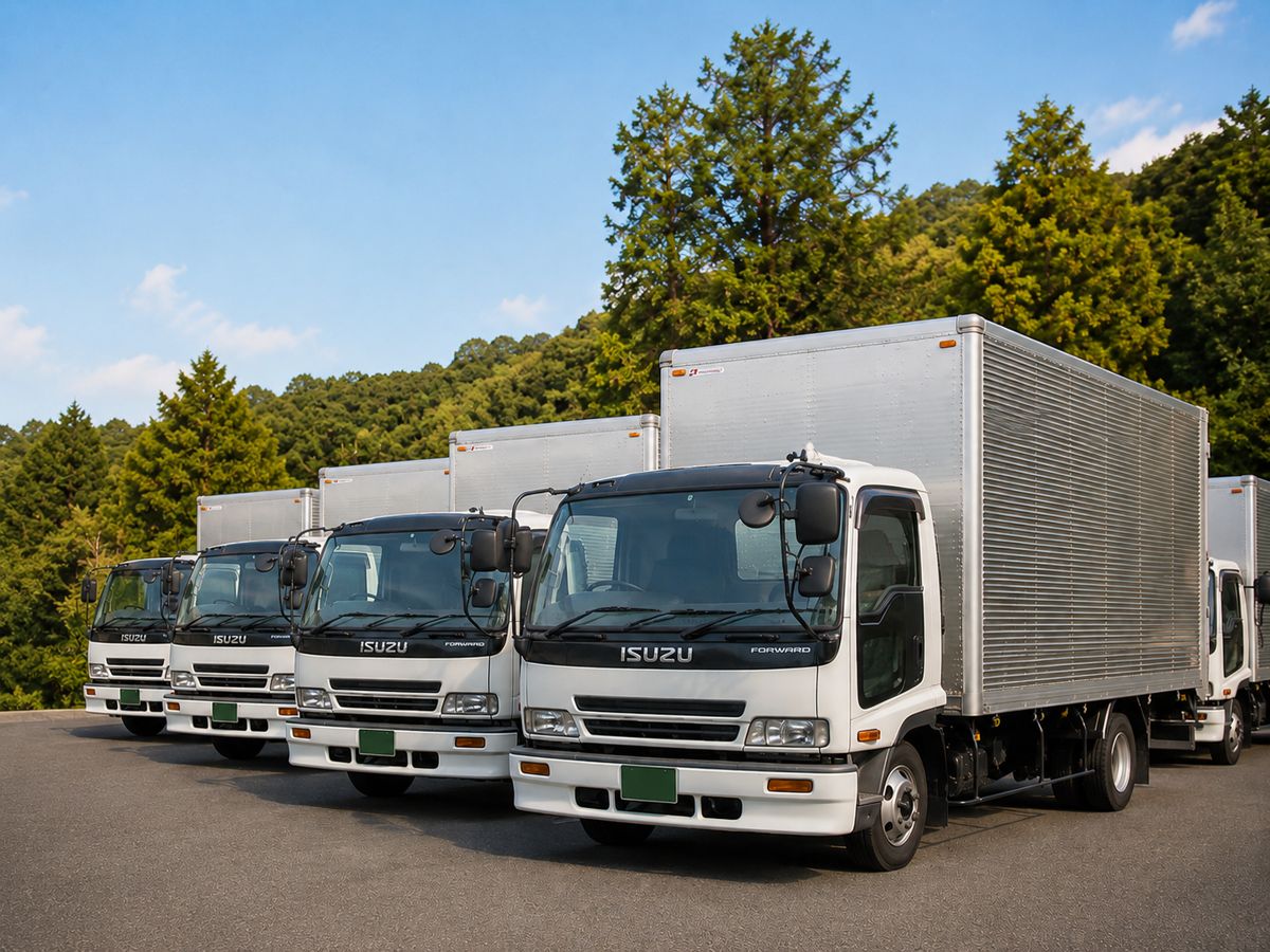 栄運輸の車庫に並ぶトラック(実写)